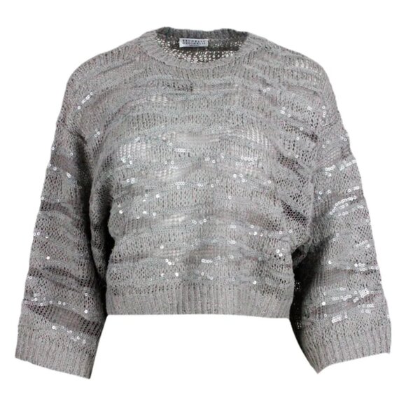 Brunello Cucinelli SS/22 Grey Sequin-Embellished Knitted Cropped Jumper - Picture 1 of 11